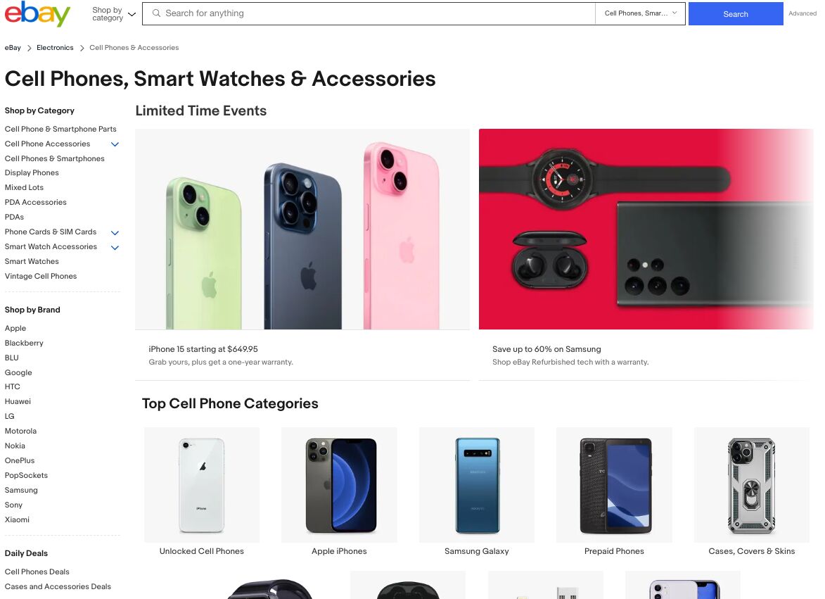 eBay cell phones and accessories category landing page