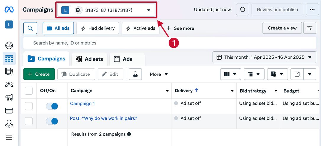 Meta Ads Manager campaign list with performance metrics