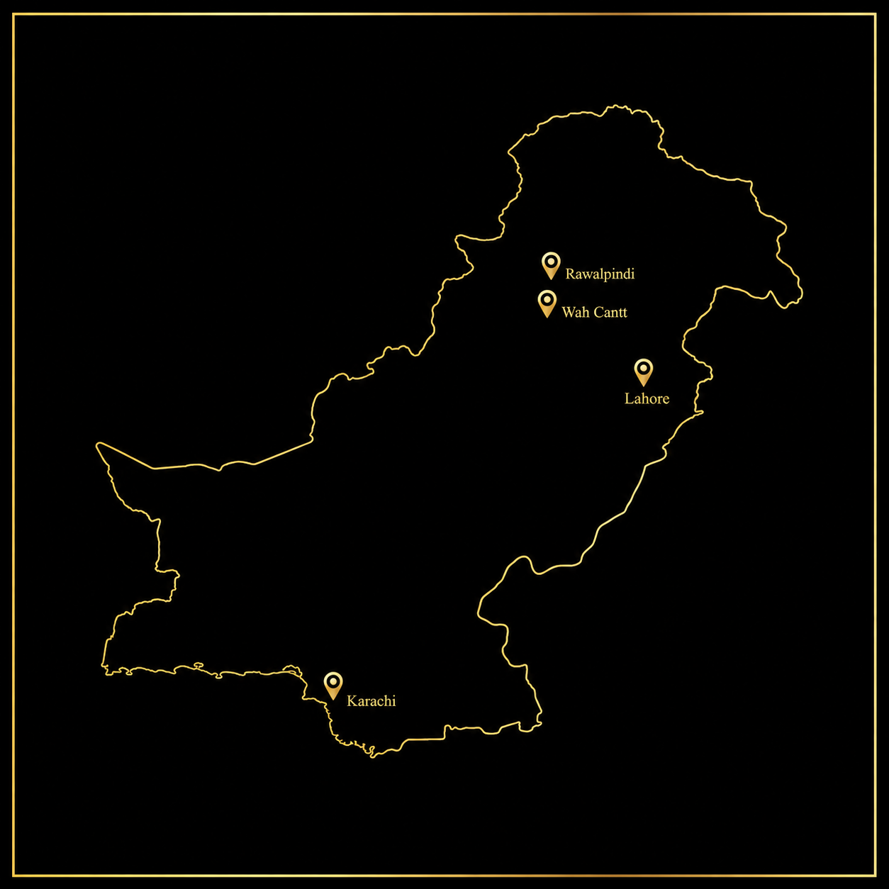 Map of Pakistan showing Ecom Deals offices in Rawalpindi, Wah Cantt, Lahore and Karachi